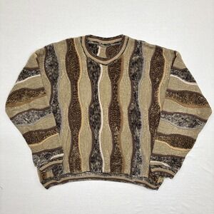 Vintage 90s Tundra Canada 3D Knit Coogi Style Sweater Size L Brown Beige